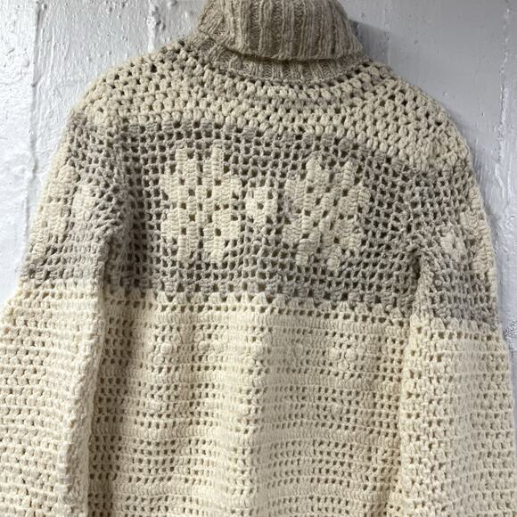 Express Crochet Snowflake Sweater Ivory And Tan Large Handknit Turtleneck - Picture 8 of 10